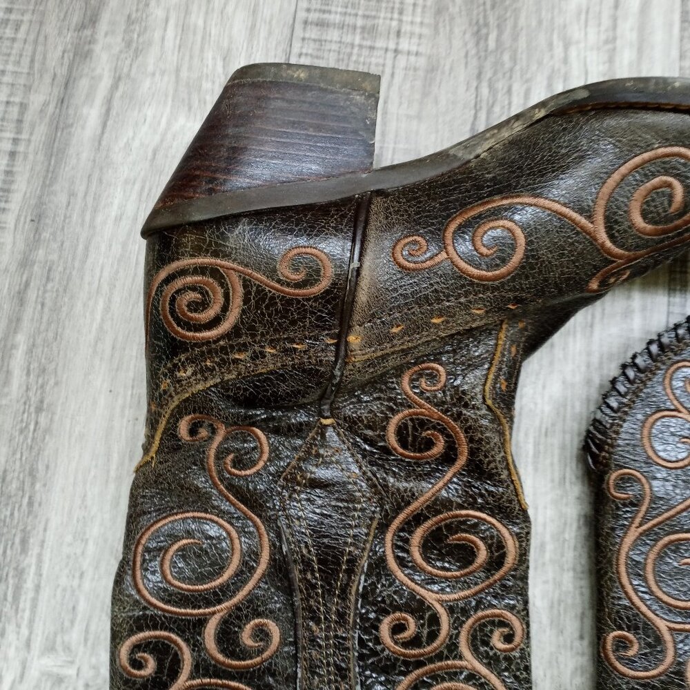 Ariat Dark Brown Leather Heeled Western Boots with Tan Stitching - Picture 6 of 15